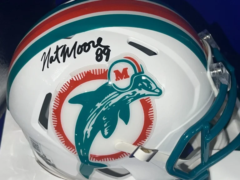 NAT MOORE MIAMI DOLPHINS BECKETT AUTHENTICATED SIGNED 80'S THROWBACK MINI HELMET