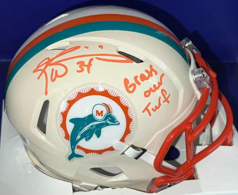 RICKY WILLIAMS MIAMI DOLPHINS GRASS OVER TURF JSA SIGNED RETRO MINI HELMET