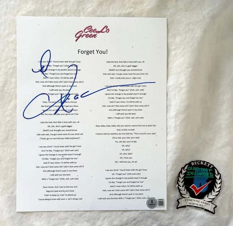 CeeLo Green Signed Lyric Sheet Forget You Beckett BAS 4 COA