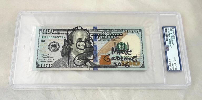 Matt Groening Hand Drawn and Signed $100 Bill US Currency Simpsons Homer PSA/...