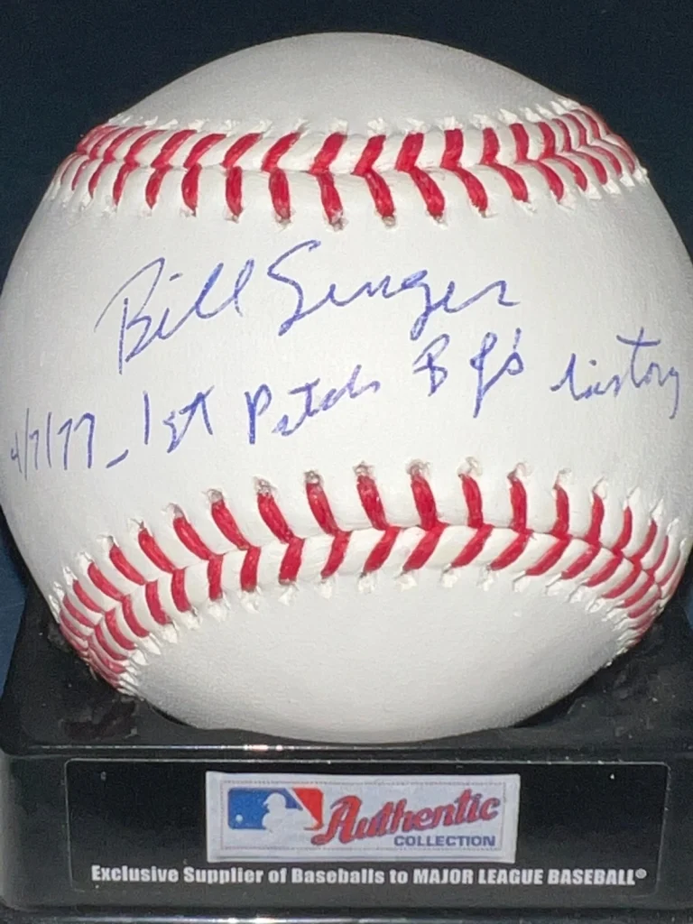 BILL SINGER TORONTO BLUE JAYS 4/7/77 FIRST PITCH HISTORY SIGNED OML BASEBALL