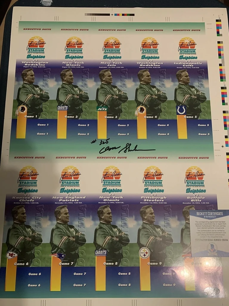 DON SHULA MIAMI DOLPHINS #325 SIGNED 1993 UNCUT TICKET SHEET BECKETT AUTHENTIC