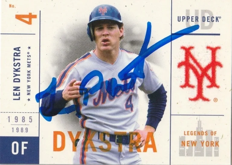 LENNY DYKSTRA  NEW YORK METS  SIGNED 2001 UPPER DECK LEGENDS CARD #72