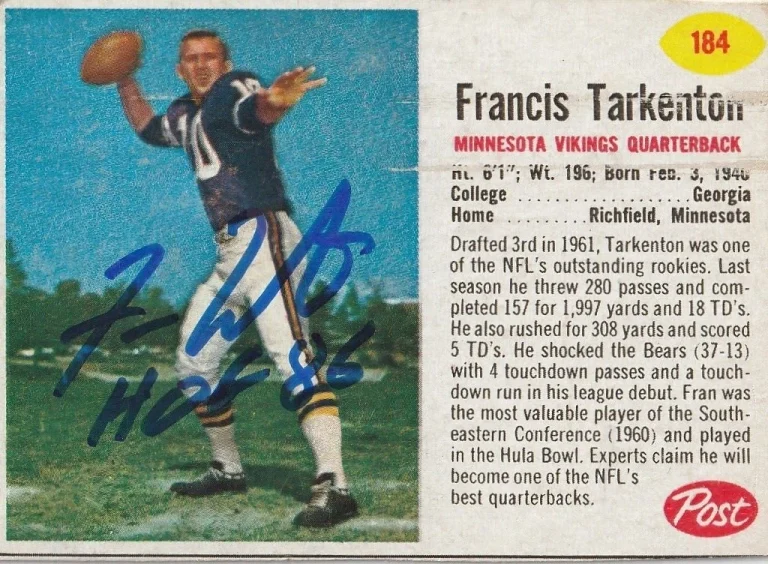 FRAN TARKENTON MINNESOTA VIKINGS  SIGNED 1962 POST CEREAL ROOKIE CARD #184