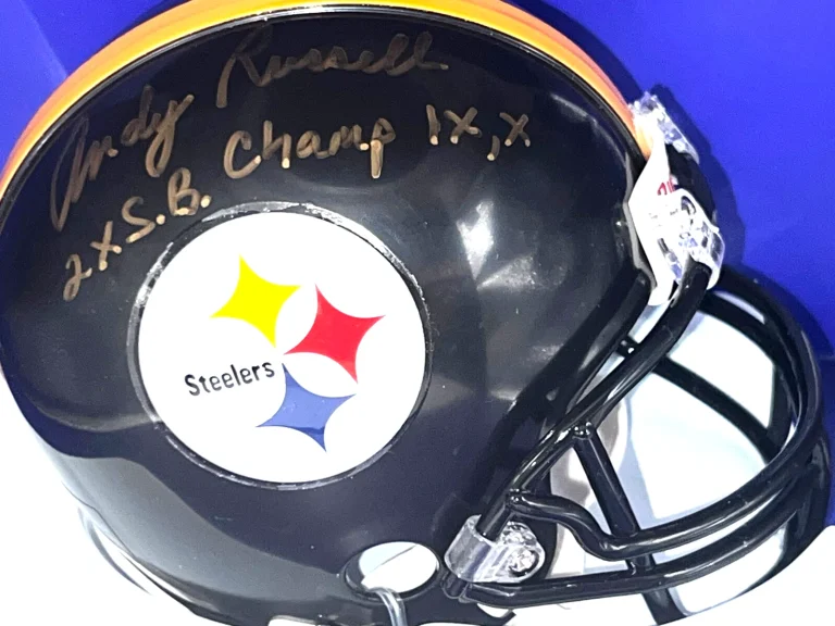 ANDY RUSSELL  PITTSBURGH STEELERS 2 X SB CHAMP IX, X   SIGNED MINI HELMET