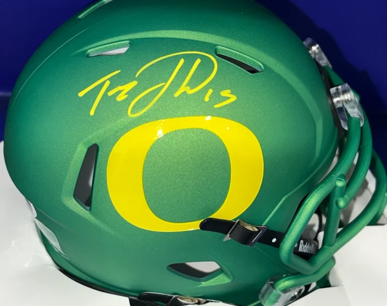 TEZ JOHNSON OREGON DUCKS JSA AUTHENTICATED SIGNED GREEN ALT MINI HELMET