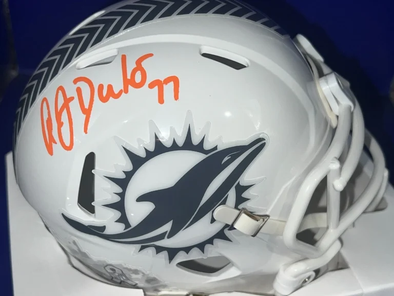 A.J. DUHE MIAMI DOLPHINS BECKETT AUTHENTIC SIGNED SALUTE TO SERVICE MINI HELMET