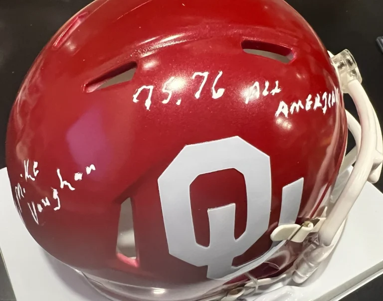MIKE VAUGHAN OKLAHOMA SOONERS 75, 76 ALL AMERICAN BECKETT SIGNED MINI HELMET