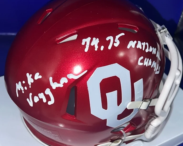 MIKE VAUGHAN OKLAHOMA SOONERS 74, 75 NATIONAL CHAMPS BECKETT SIGNED MINI HELMET