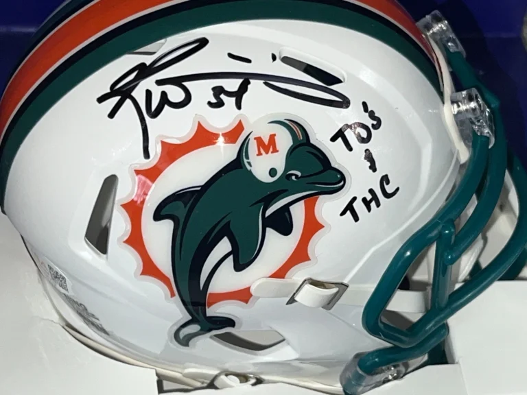 RICKY WILLIAMS MIAMI DOLPHINS TD'S & THC JSA SIGNED THOWBACK MINI HELMET