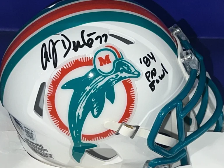 A.J. DUHE MIAMI DOLPHINS 84 PRO BOWL BECKETT AUTHEN SIGNED 80'S TB MINI HELMET