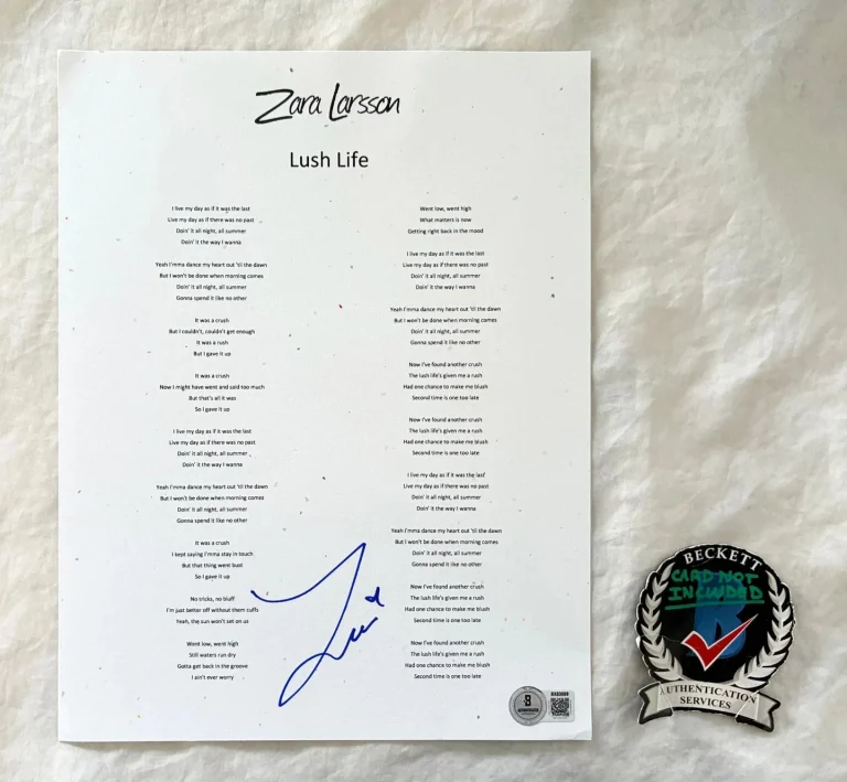Zara Larsson Signed Lyric Sheet Lush Life Beckett BAS COA