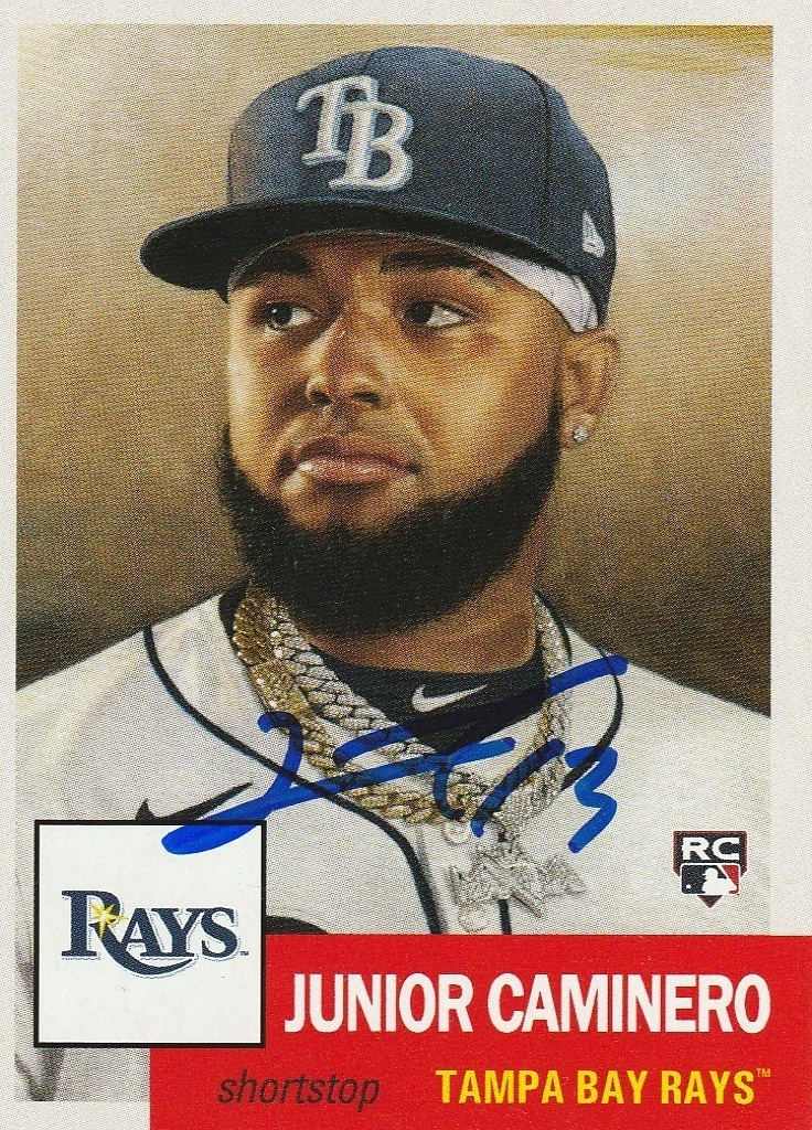 JUNIOR CAMINERO TAMPA RAYS  SIGNED 2024 TOPPS LIVING CARD #764
