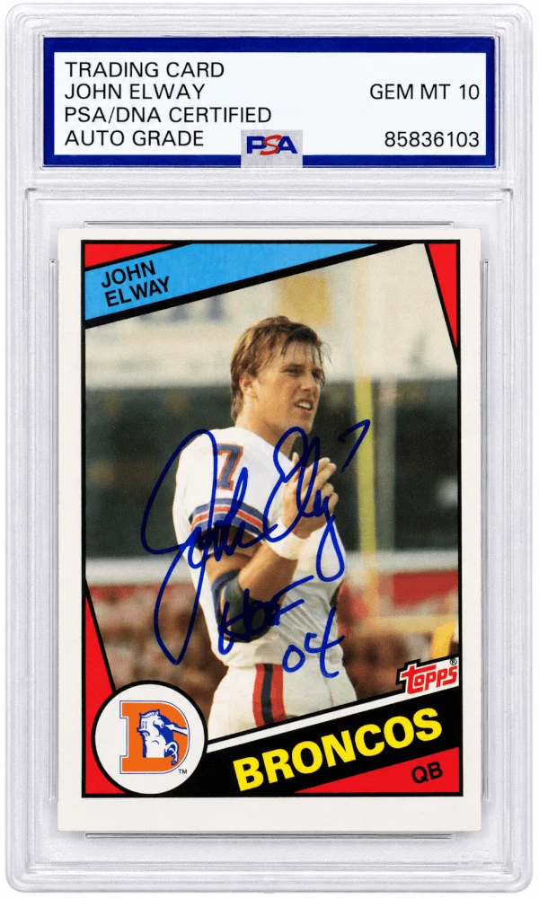 John Elway Signed Broncos 1984 Topps Rookie Card #63 w/HOF'04 - (PSA - Auto 10)