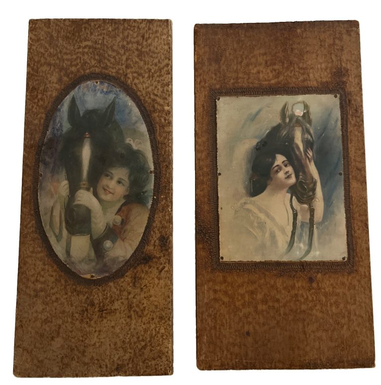 Vintage Pair of Lady W/ Horse Wood Mounted Wall Art 8”x16.5” & 7”x17”