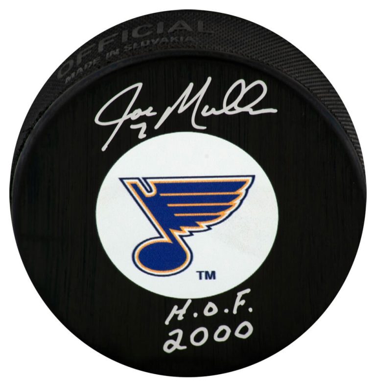 Joe Mullen Signed St Louis Blues Logo Hockey Puck w/HOF 2000 - (SCHWARTZ COA)