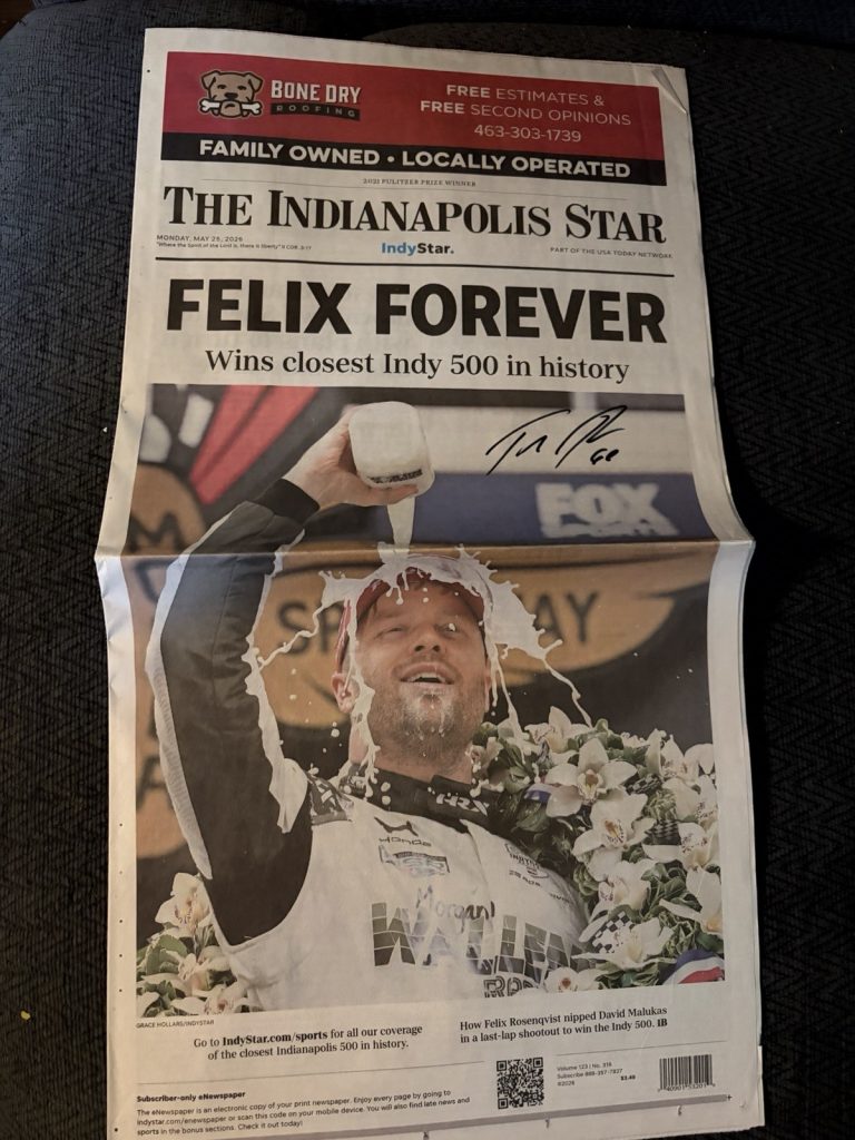 Felix Rosenqvist Signed 2026 Indianapolis 500 Indy Star Newspaper Closest Finish