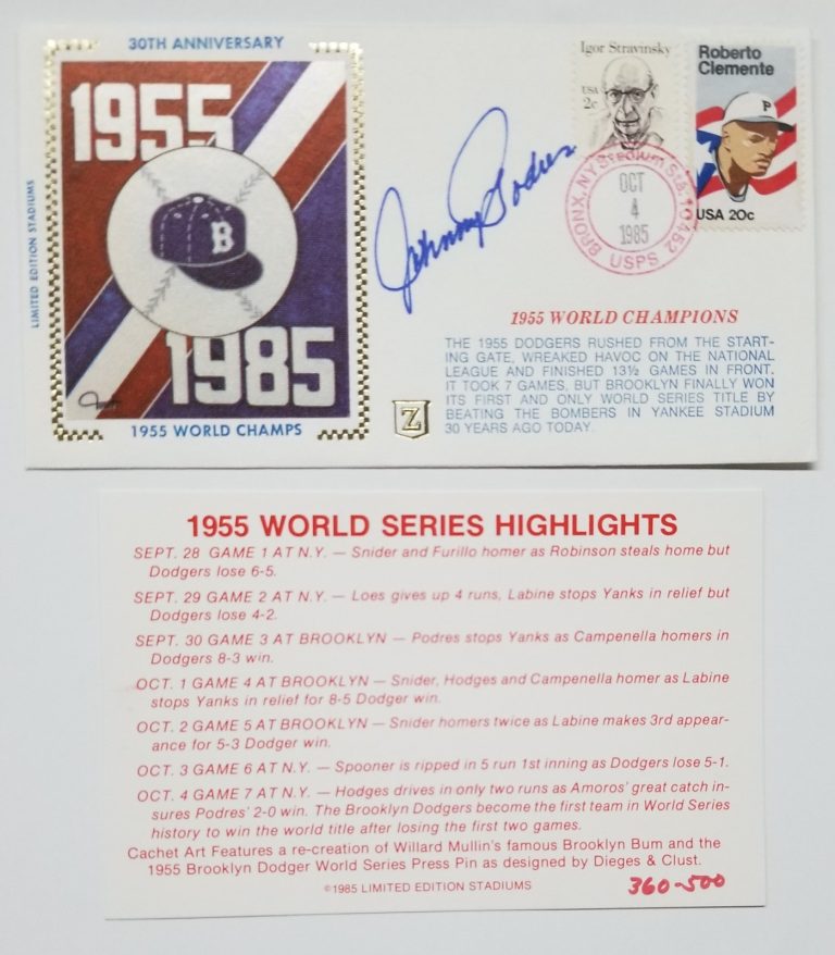 Johnny Podres SIGNED 1955 World Champs 1985 First Day Cover FDC Envelope JSA COA