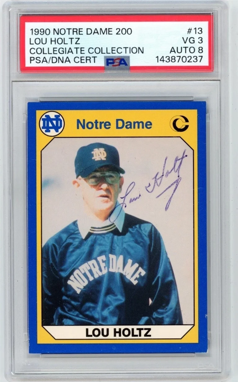 Lou Holtz Signed Auto 1990 Notre Dame #13 Trading Card PSA VG 3 Auto 8 Fighting
