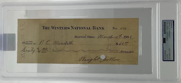 Orville Wright Signed Auto 1908 Bank Check Wright Brothers PSA DNA Encapsulated