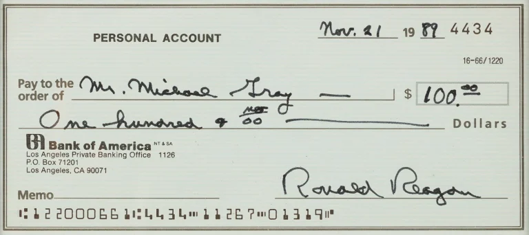 Ronald Reagan Signed Auto 1989 Handwritten Personal Bank Check President GRAD