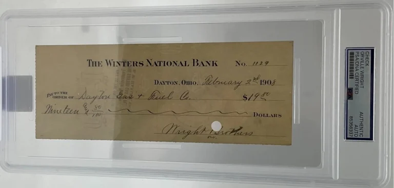 Orville Wright Signed Auto 1908 Bank Check Airplane Fuel Wright Brothers PSA DNA