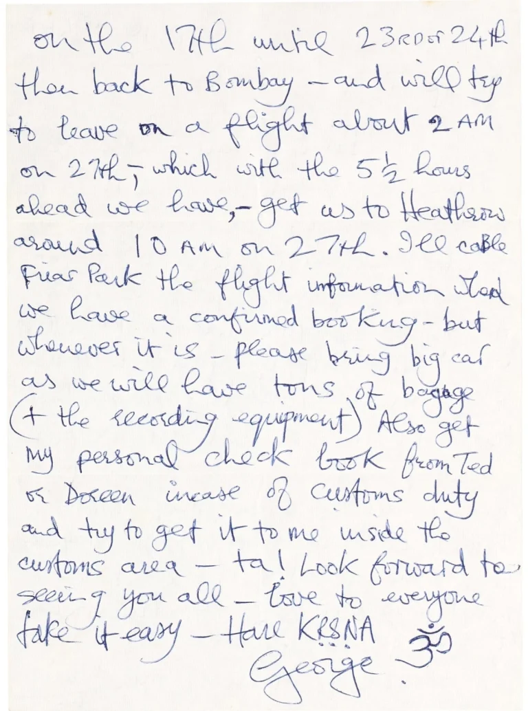George Harrison Signed Handwritten 1974 Letter Beatles Beckett BAS PSA/DNA PSA