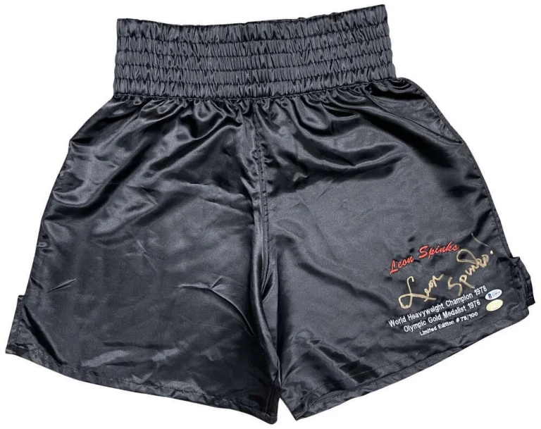 Leon Spinks Signed Personal Model Boxing Trunks Stat Embroidered Beckett BAS