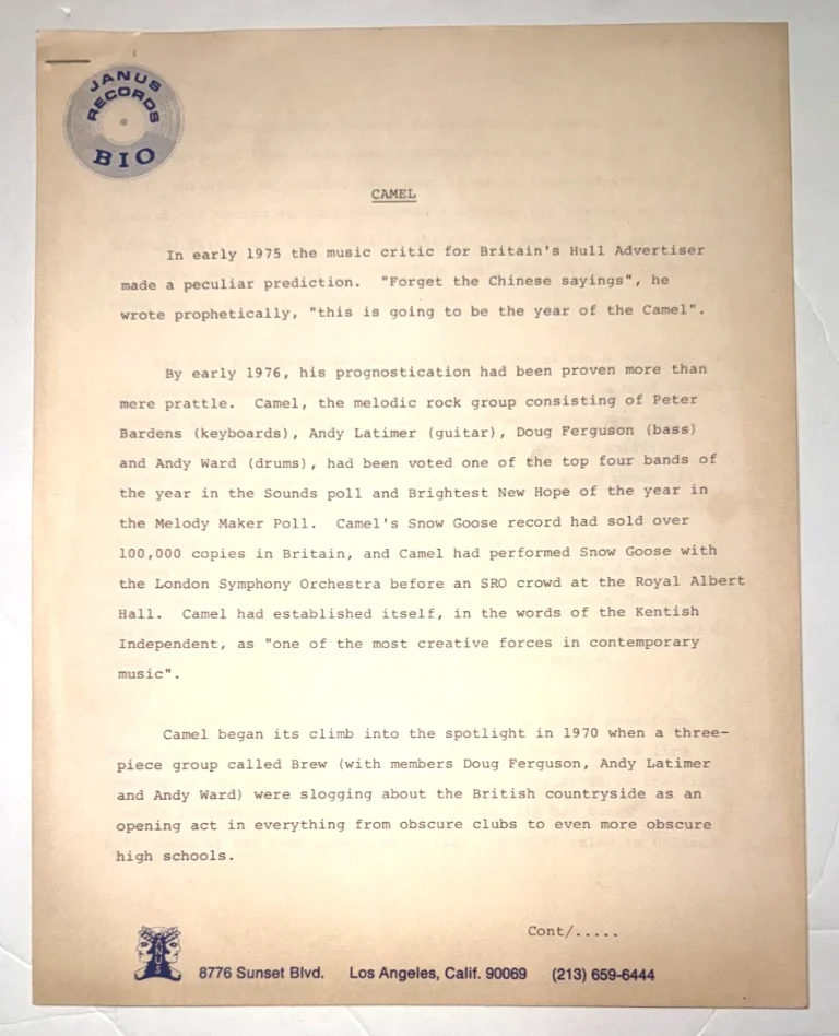 Camel band 1976 Janus Records Original 4-Page Moonmadness Press Kit Biography