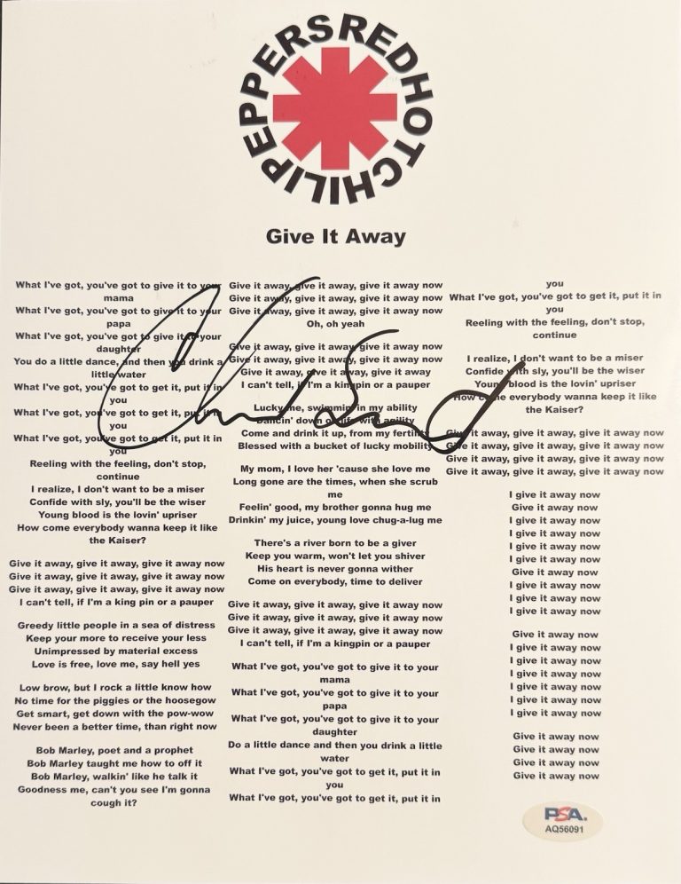 Chad Smith Signed Auto Red Hot Chili Peppers Give It Away Lyric Sheet PSA/DNA