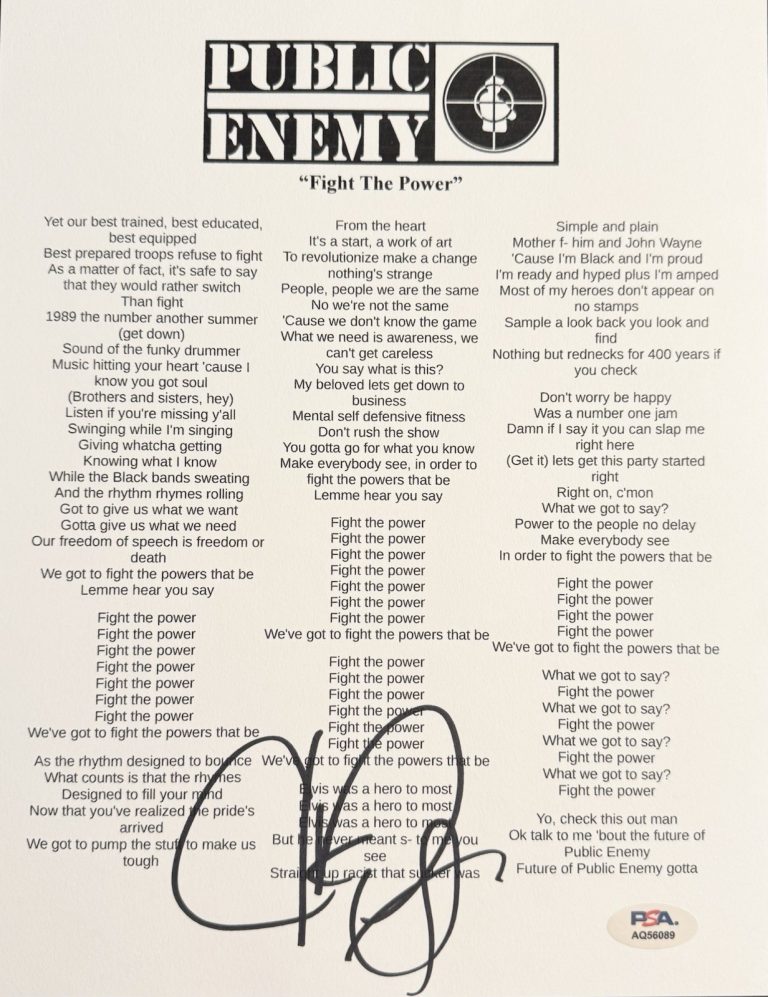 Chuck D Signed Autographed Public Enemy Fight The Power Lyric Sheet PSA/DNA COA