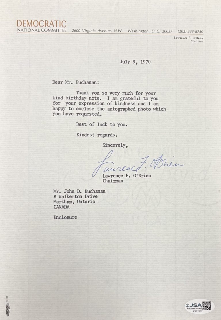Lawrence O'Brien Signed Auto 1970 DNC Chairman Letter Watergate NBA Comm JSA