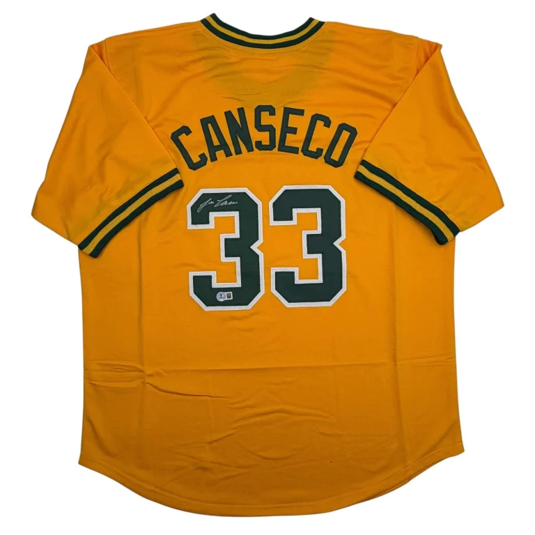 Autographed/Signed JOSE CANSECO Oakland Yellow Baseball Jersey JSA COA Auto