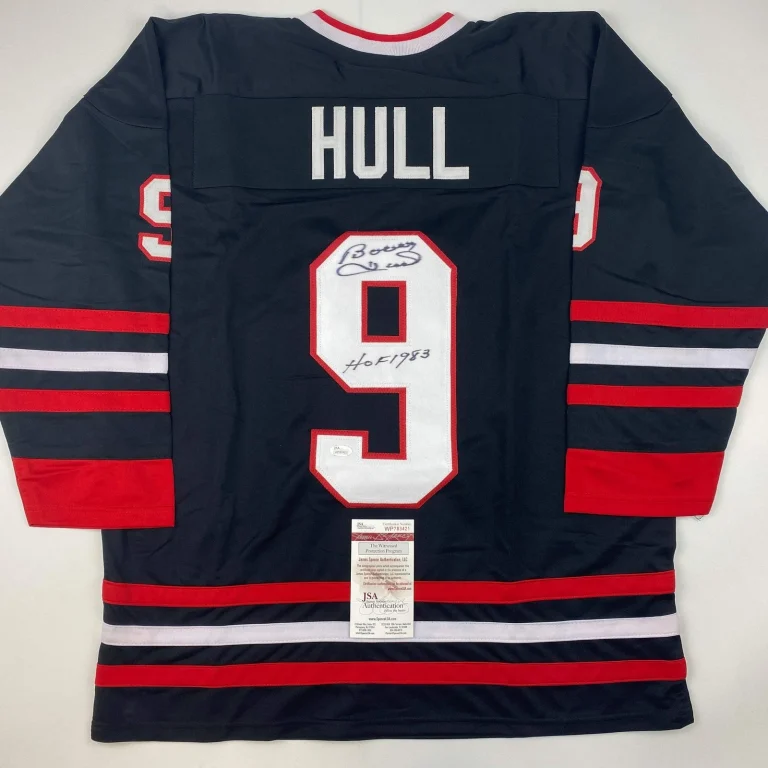 Autographed/Signed Bobby Hull HOF 1983 Chicago Black Hockey Jersey JSA COA