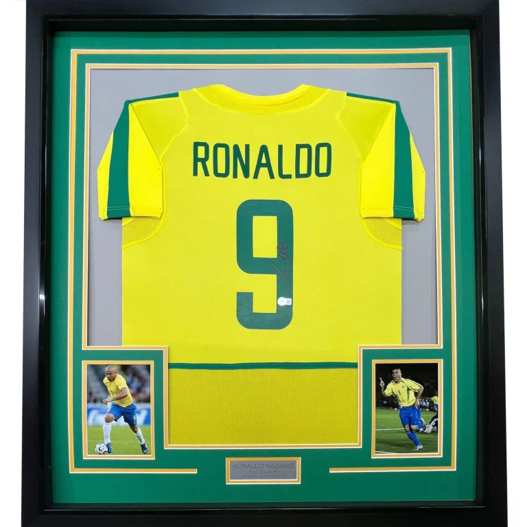 Framed Autographed/Signed Ronaldo Nazario 33x42 Brazil Yellow Jersey BAS COA