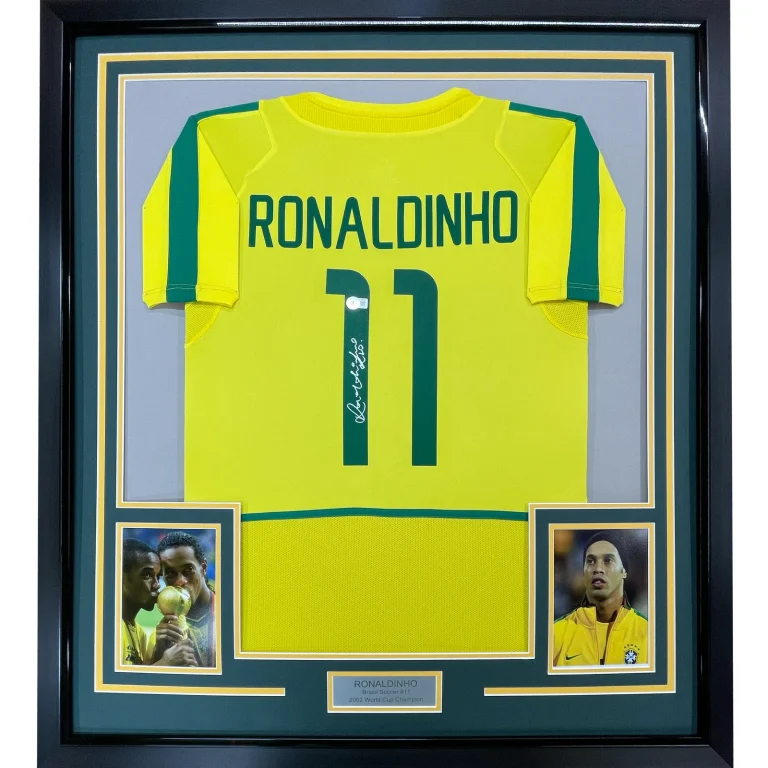Framed Autographed/Signed Ronaldinho 33x42 Brazil Yellow Jersey Beckett BAS COA