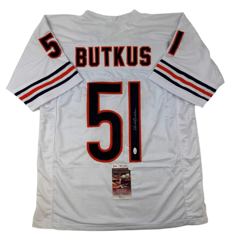 Autographed/Signed DICK BUTKUS Chicago White Football Jersey JSA COA Auto