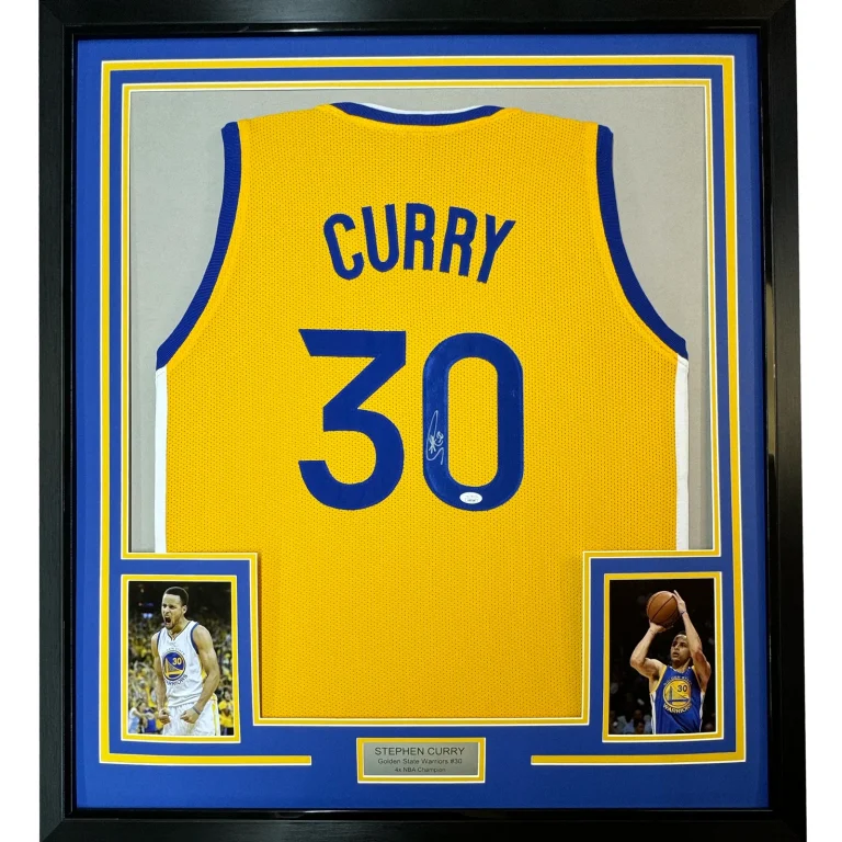 Framed Autographed/Signed Stephen Steph Curry 33x42 Yellow Jersey JSA COA
