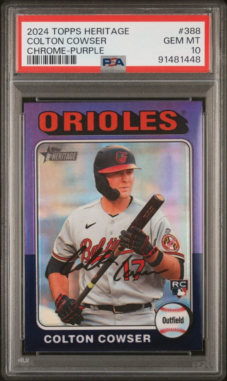 Graded 2024 Topps Heritage Colton Cowser #388 Chrome Purple Baseball Card PSA 10