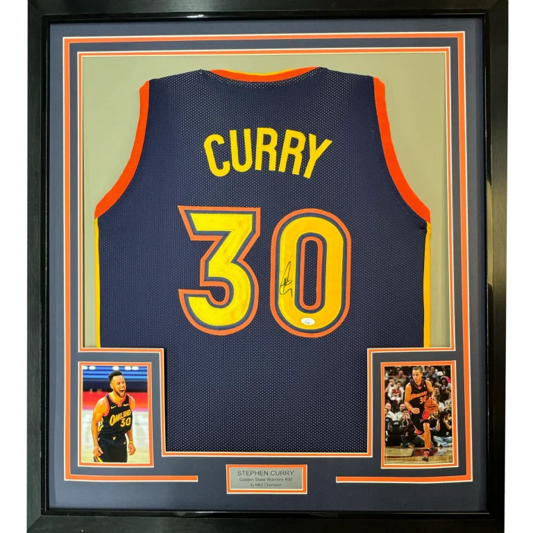 Framed Autographed/Signed Stephen Steph Curry 35x39 Navy Retro Jersey JSA COA