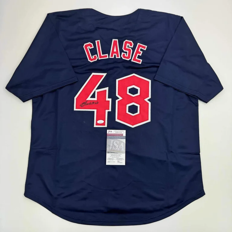 Autographed/Signed Emmanuel Clase Cleveland Blue Baseball Jersey JSA COA