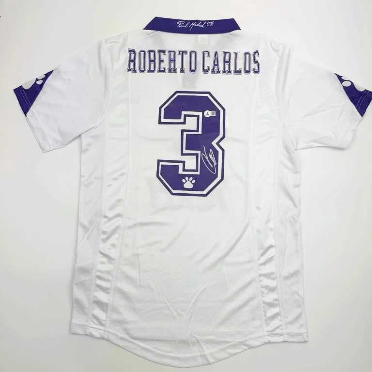 Autographed/Signed Roberto Carlos Real Madrid White Soccer Jersey Beckett COA
