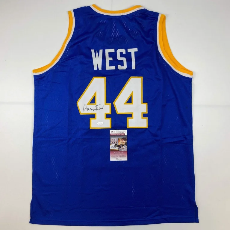 Autographed/Signed Jerry West West Virginia Blue College Basketball Jersey JSA C