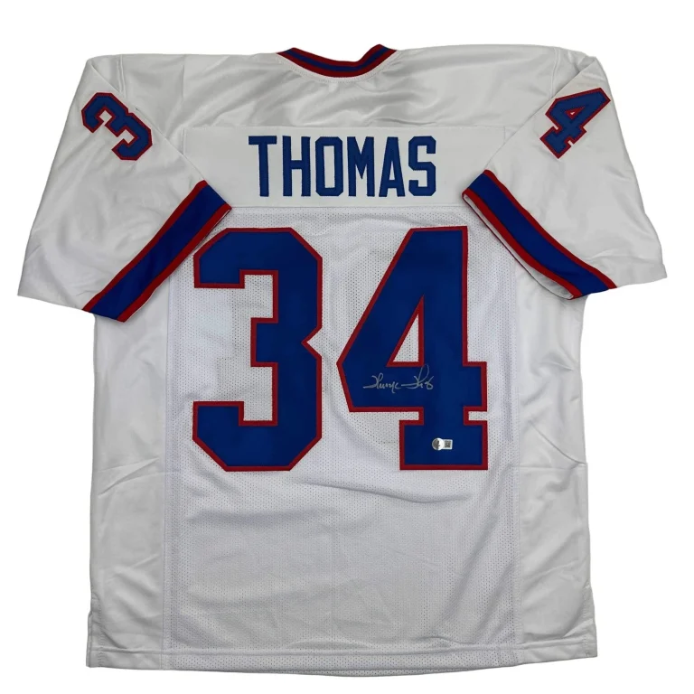 Autographed/Signed THURMAN THOMAS Buffalo White Football Jersey JSA COA Auto