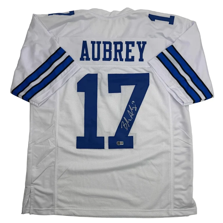 Autographed/Signed Brandon Aubrey Dallas White Football Jersey Beckett BAS COA