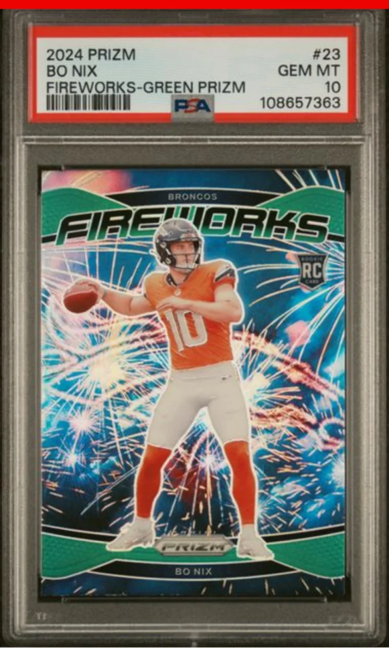Graded 2024 Panini Prizm Bo Nix #23 Fireworks Green Prizm Rookie RC Card PSA 10