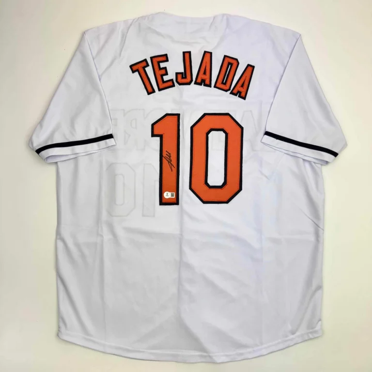 Autographed/Signed Miguel Tejada Baltimore White Baseball Jersey Beckett BAS COA