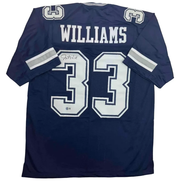 Autographed/Signed Javonte Williams Dallas Blue Football Jersey Beckett BAS COA