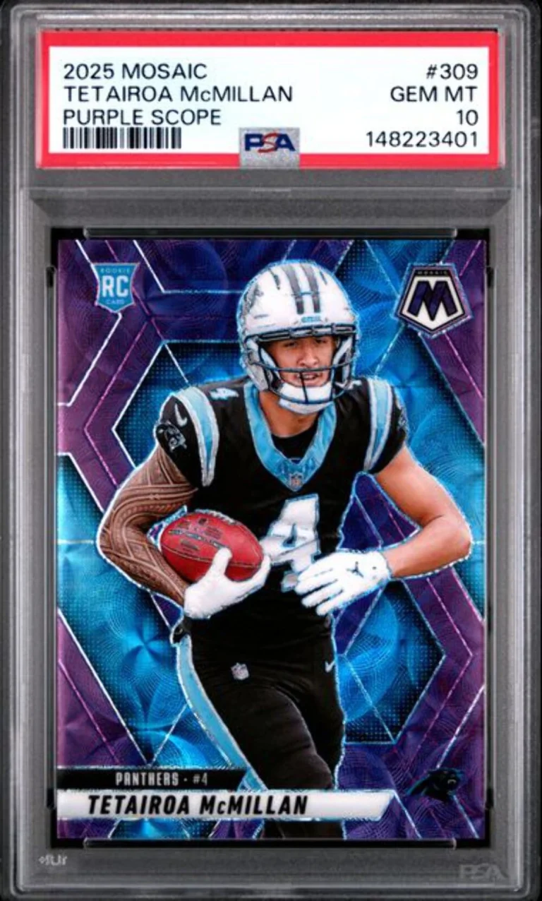 Graded 2025 Panini Mosaic Tetairoa McMillan #309 Purple Scope Rookie Card PSA 10