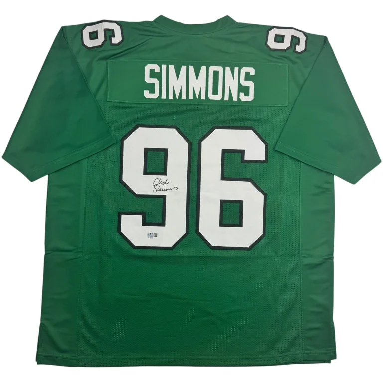 Autographed/Signed Clyde Simmons Philadelphia Green Football Jersey Beckett COA